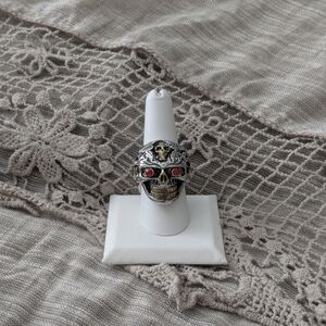 Silver Skull Ring with Red Accents